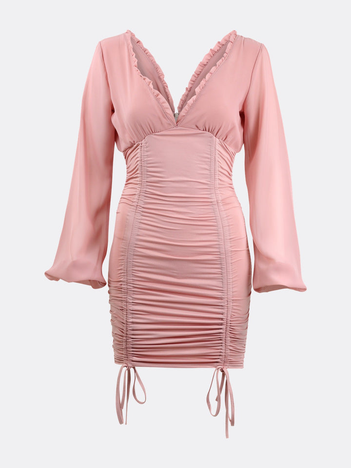Long Sleeve Bodycon Dress Featuring Adjustable Draping Deep V Neck and Ruched Open Back Pink Ghost