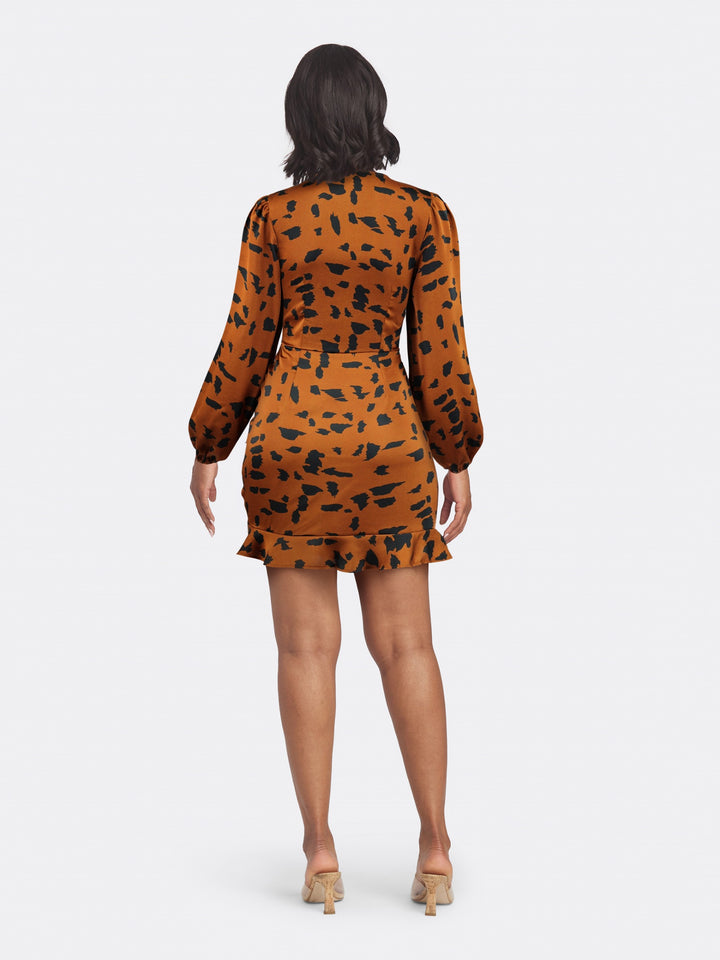 Long Sleeve Animal Print Dress with Cut-Out Detail and V-neck Brown Back