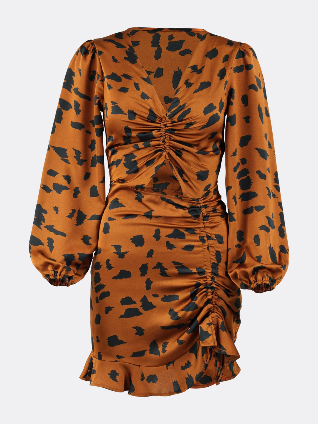 Long Sleeve Animal Print Dress with Cut-Out Detail and V-neck Brown Ghost