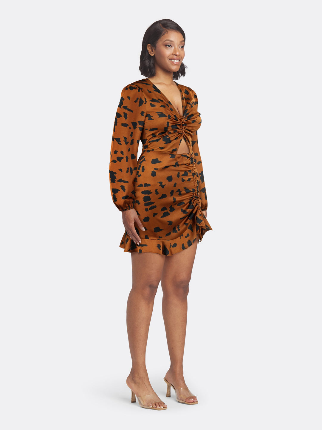 Long Sleeve Animal Print Dress with Cut-Out Detail and V-neck Brown Side