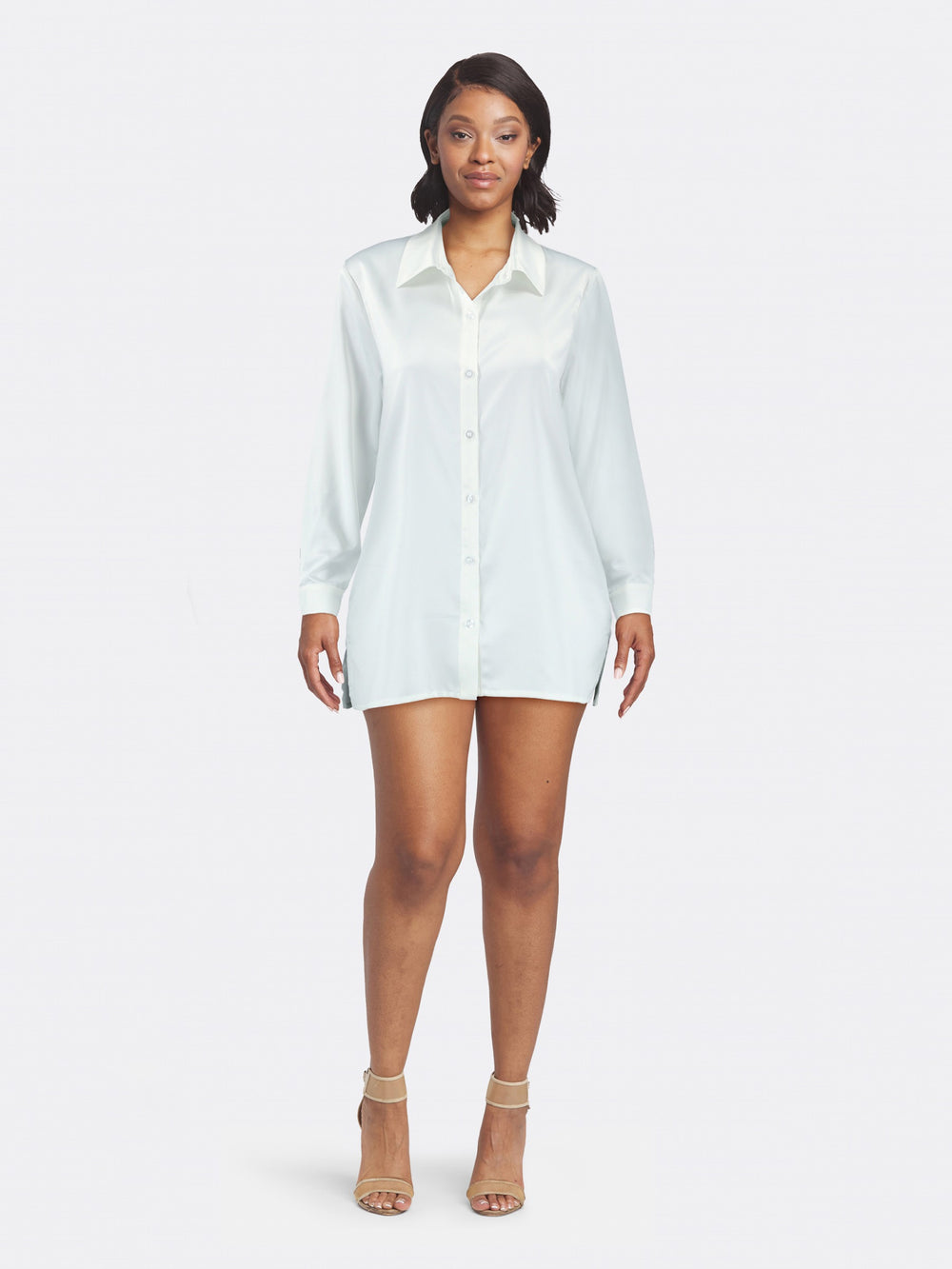 Long Sleeve Satin Shirt Dress with Turn Down Collar White Front