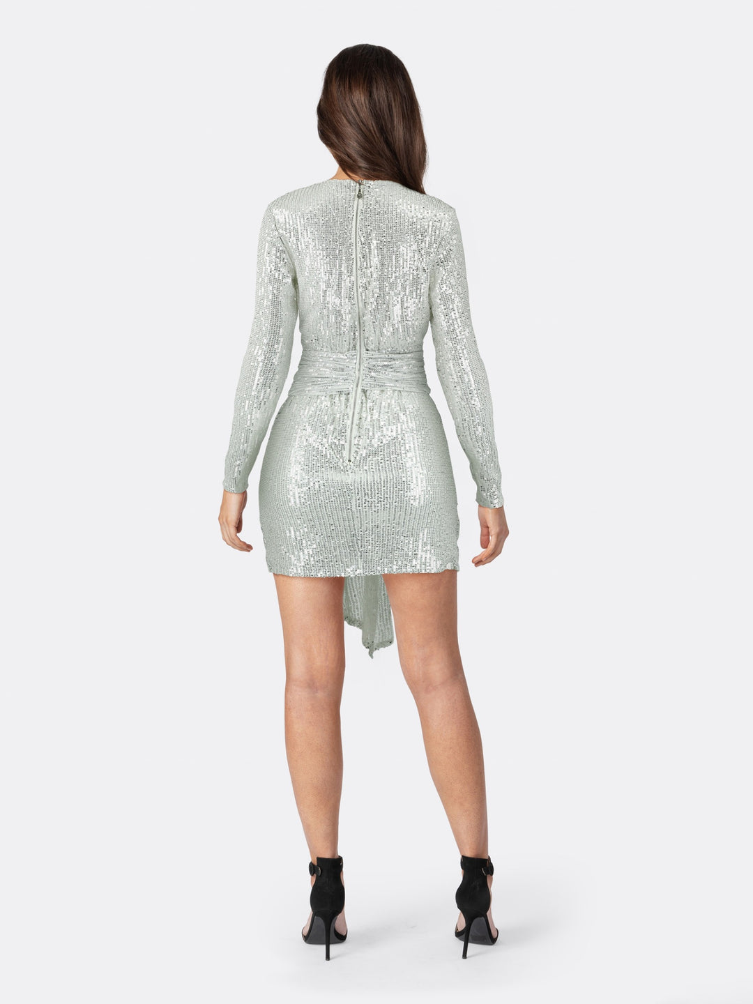 Long Sleeve Short Dress with V-neck and Sequin Applique Detail Silver Grey Back