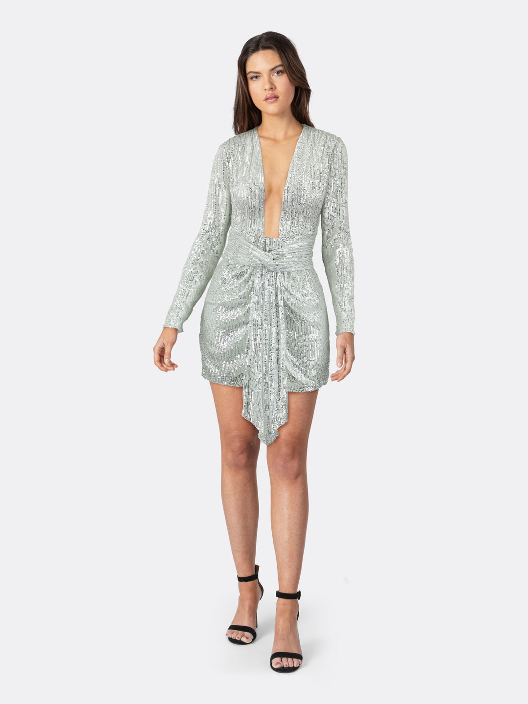 Long Sleeve Short Dress with V-neck and Sequin Applique Detail Silver Grey Front