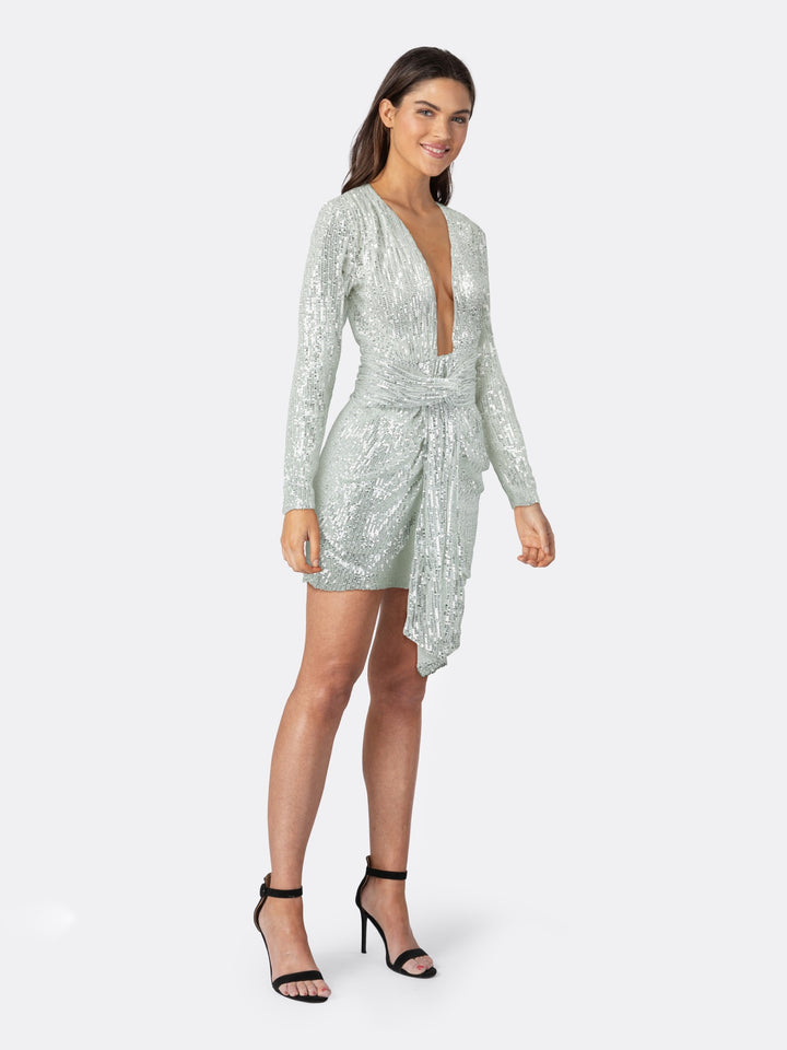 Long Sleeve Short Dress with V-neck and Sequin Applique Detail Silver Grey Side