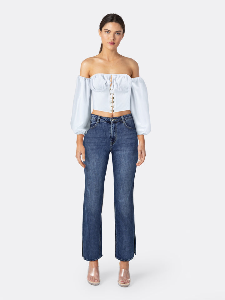 Low-Cut Crop Top Shirt Blouse with Corset-Style White Side Left