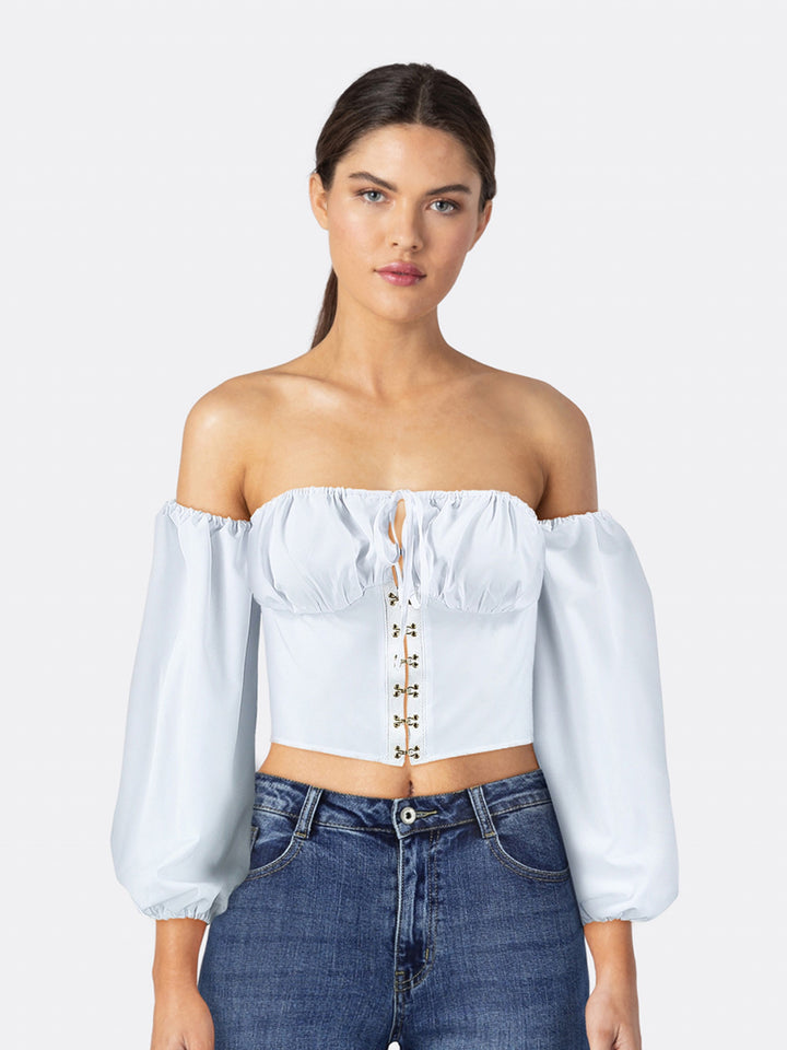 Low-Cut Crop Top Shirt Blouse with Corset-Style White Front Close