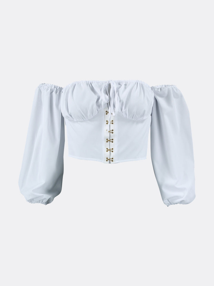 Low-Cut Crop Top Shirt Blouse with Corset-Style White Ghost