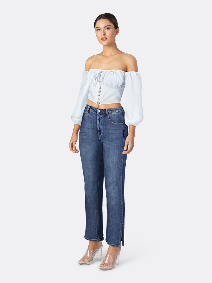 Low-Cut Crop Top Shirt Blouse with Corset-Style White Side Right