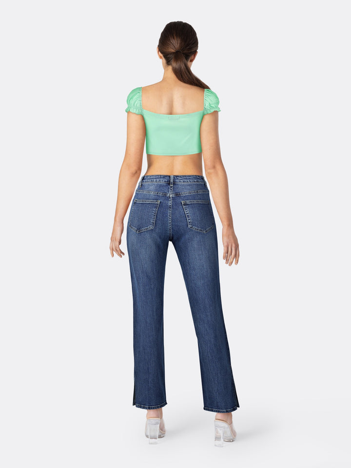 Low-cut Front Zipper Puff Sleeve Crop Top with V-neck Mint Back