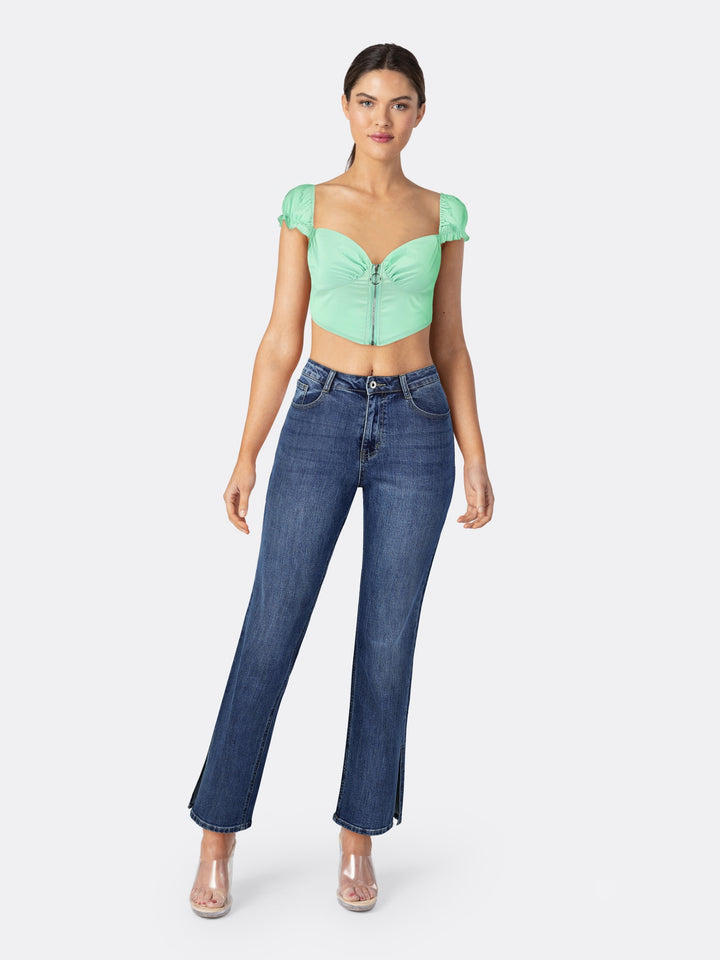 Low-cut Front Zipper Puff Sleeve Crop Top with V-neck Mint Front