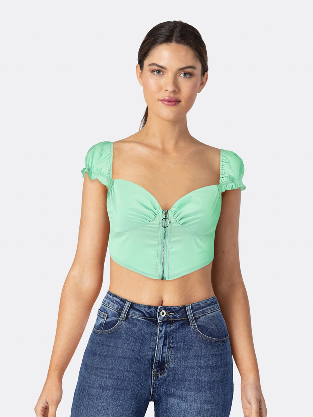 Low-cut Front Zipper Puff Sleeve Crop Top with V-neck Mint Front Close