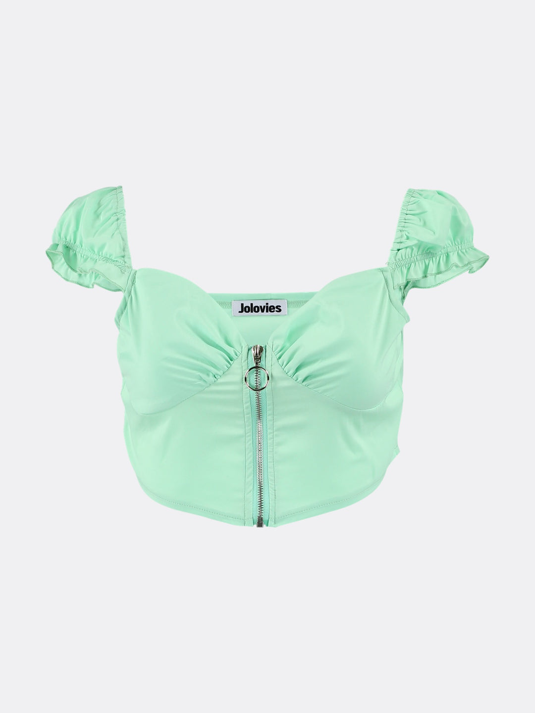 Low-cut Front Zipper Puff Sleeve Crop Top with V-neck Mint Ghost