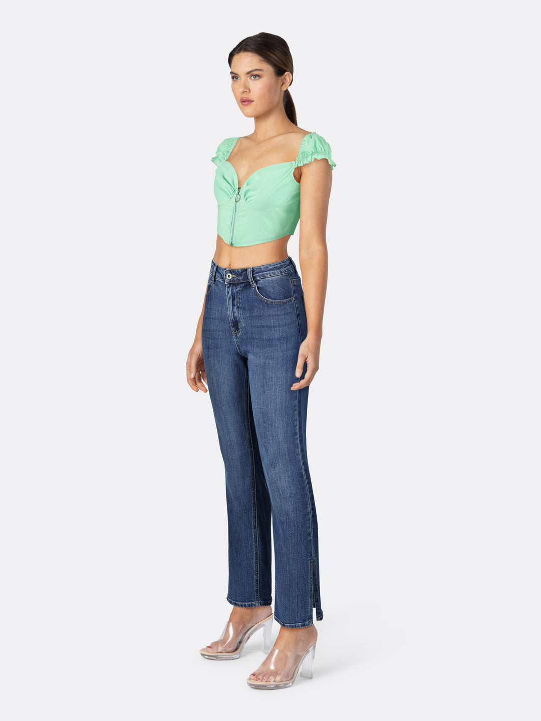 Low-cut Front Zipper Puff Sleeve Crop Top with V-neck Mint Side
