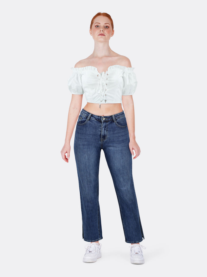 Off Shoulder Crop Top with Gathered Detail White Front