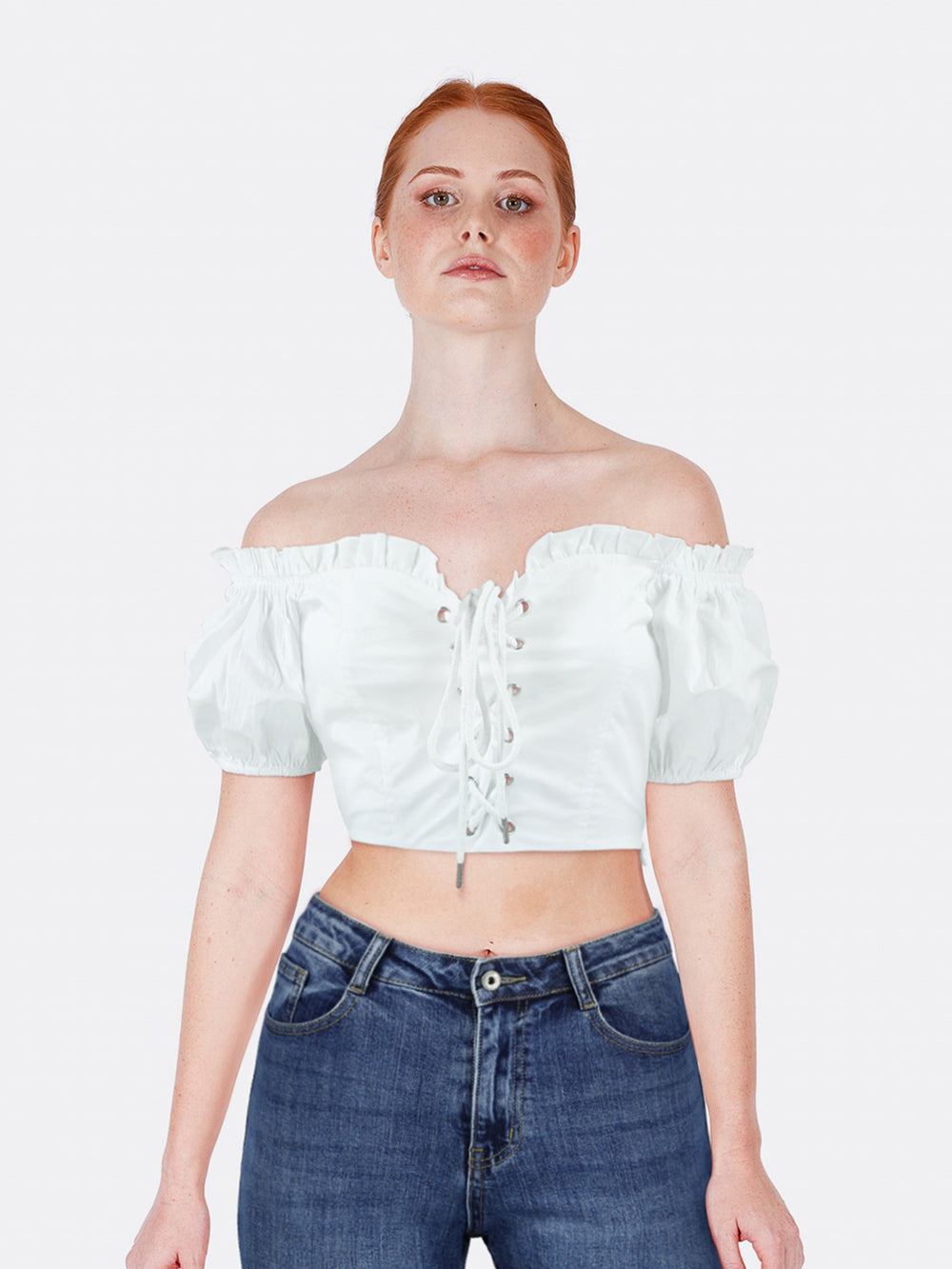 Off Shoulder Crop Top with Gathered Detail White Front Close