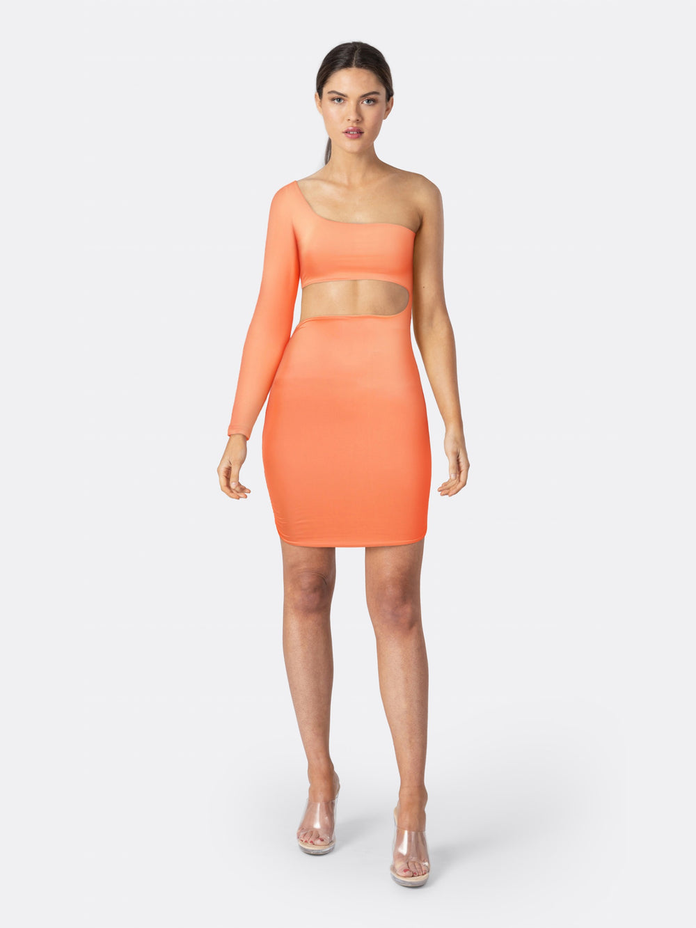 One Shoulder Asymmetric Mini Dress with Cut-Out Detail Orange Front