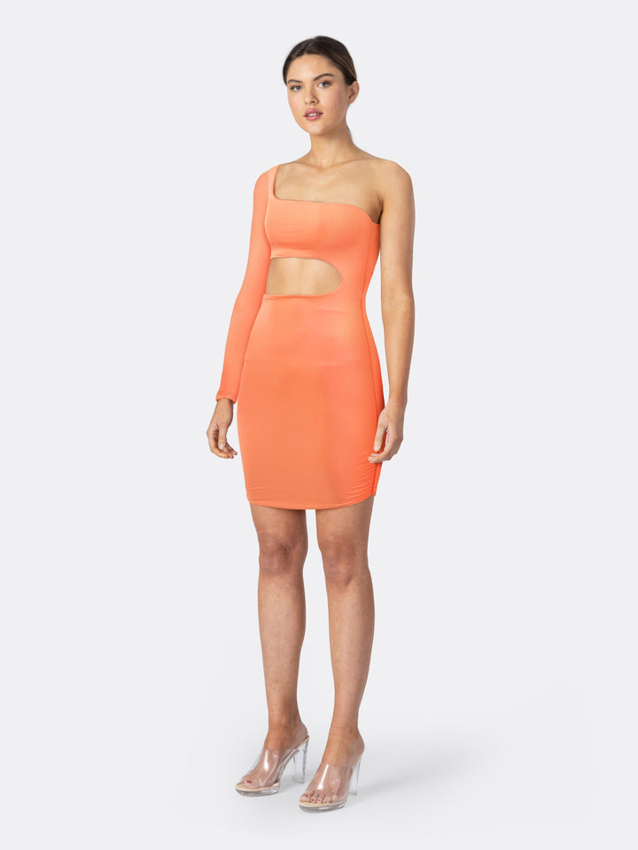 One Shoulder Asymmetric Mini Dress with Cut-Out Detail Orange Side