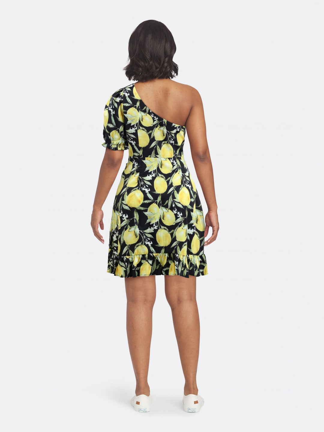 One Shoulder Short Dress with Cut-Out Detail Lemon Print Back