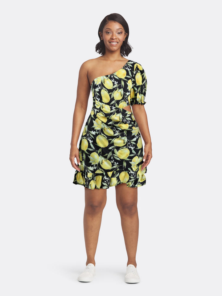 One Shoulder Short Dress with Cut-Out Detail Lemon Print Front