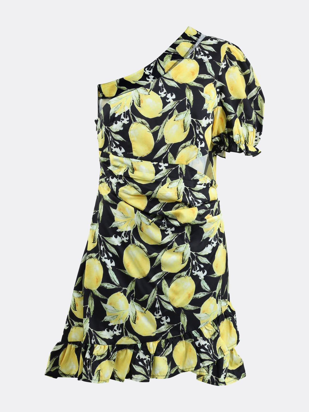 One Shoulder Short Dress with Cut-Out Detail Lemon Print | Jolovies One Shoulder Short Dress with Cut-Out Detail Lemon Print | Jolovies
