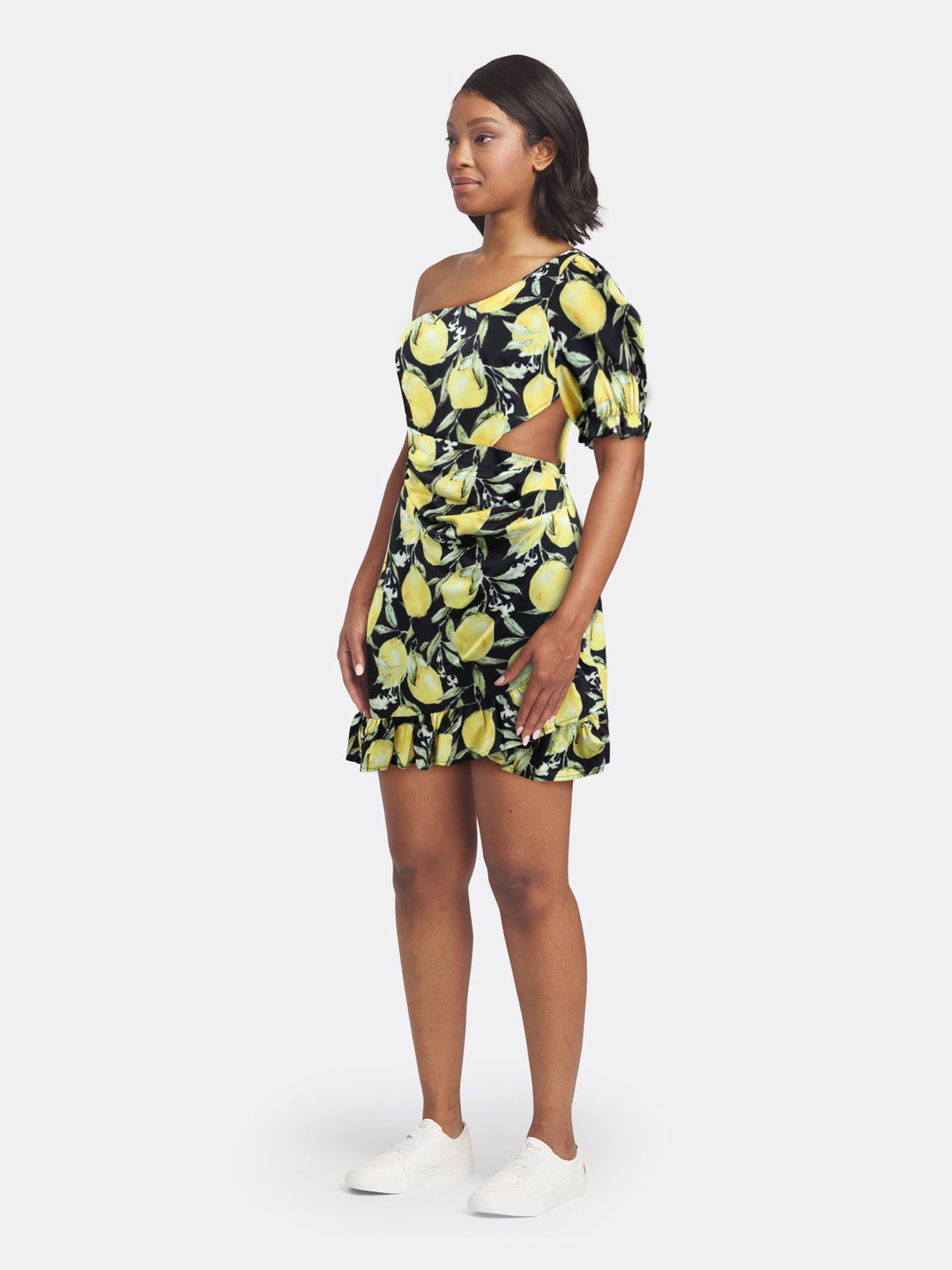 One Shoulder Short Dress with Cut-Out Detail Lemon Print Side