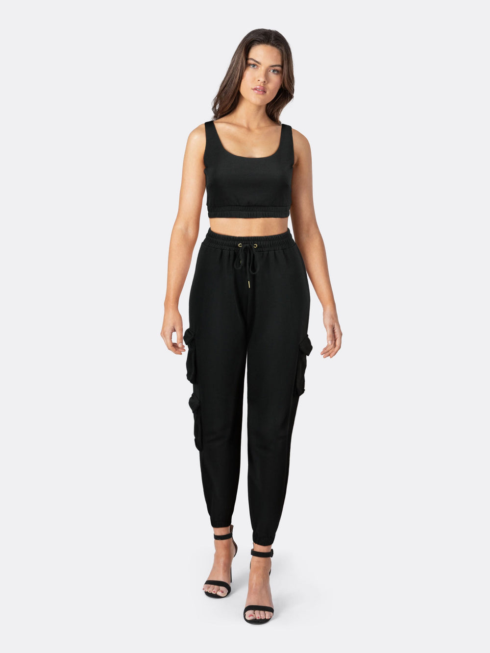 Pack of Joggers with Pockets and Crop Top Black Front | Jolovies