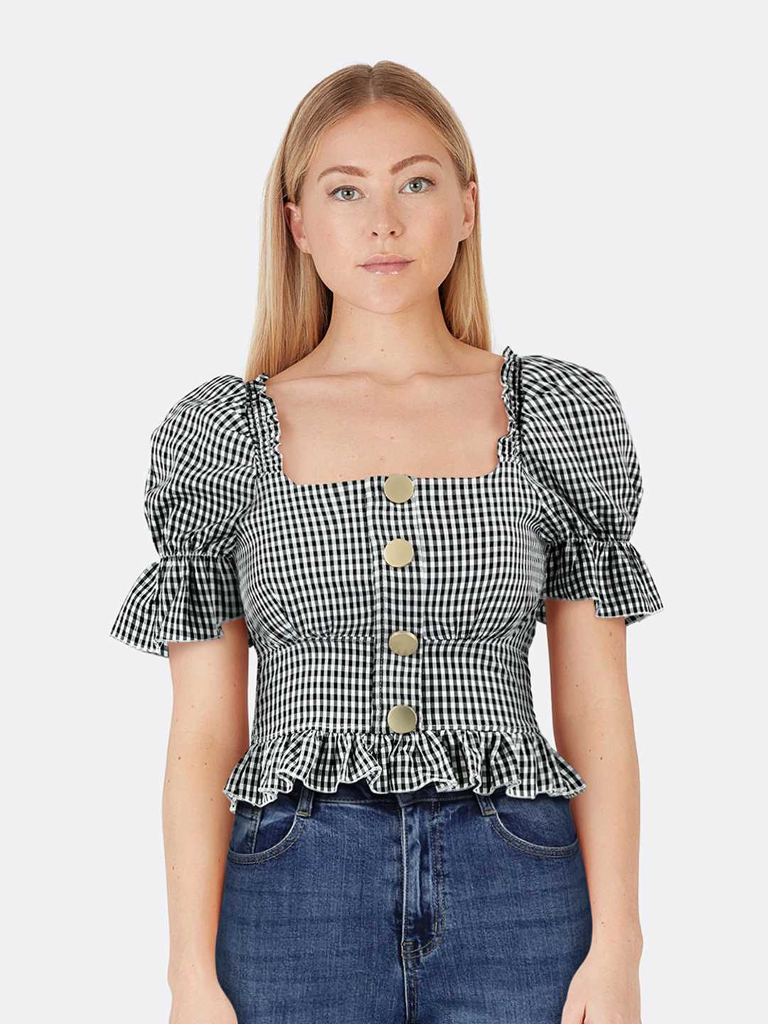 Plaid Short Puff Sleeve Shirt with Buttons Black Front Close