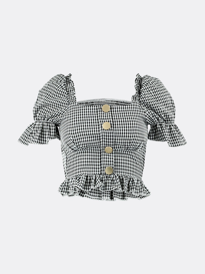 Plaid Short Puff Sleeve Shirt with Buttons Black Ghost