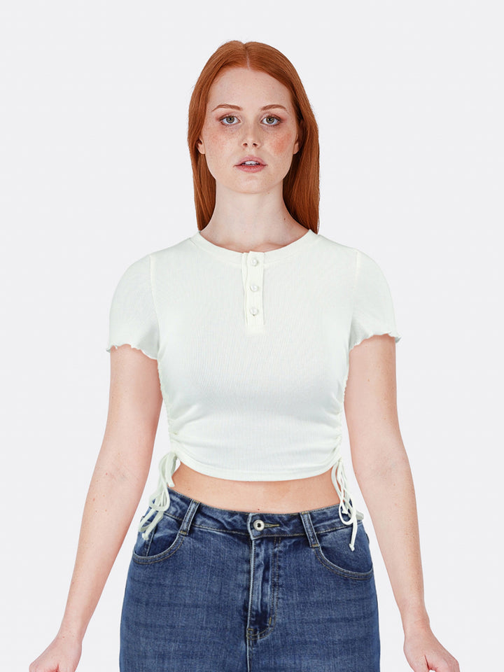 Round Neck T-shirt with Gathered Detail and Bandage Button White Front Close
