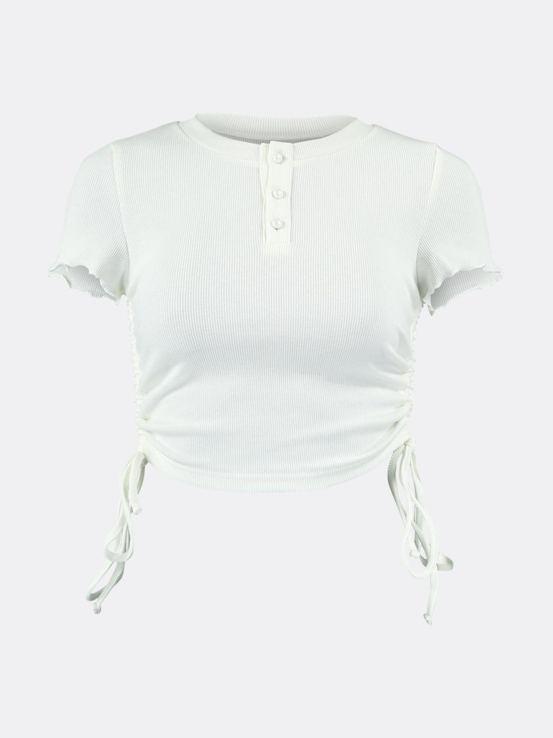 Round Neck T-shirt with Gathered Detail and Bandage Button White Ghost