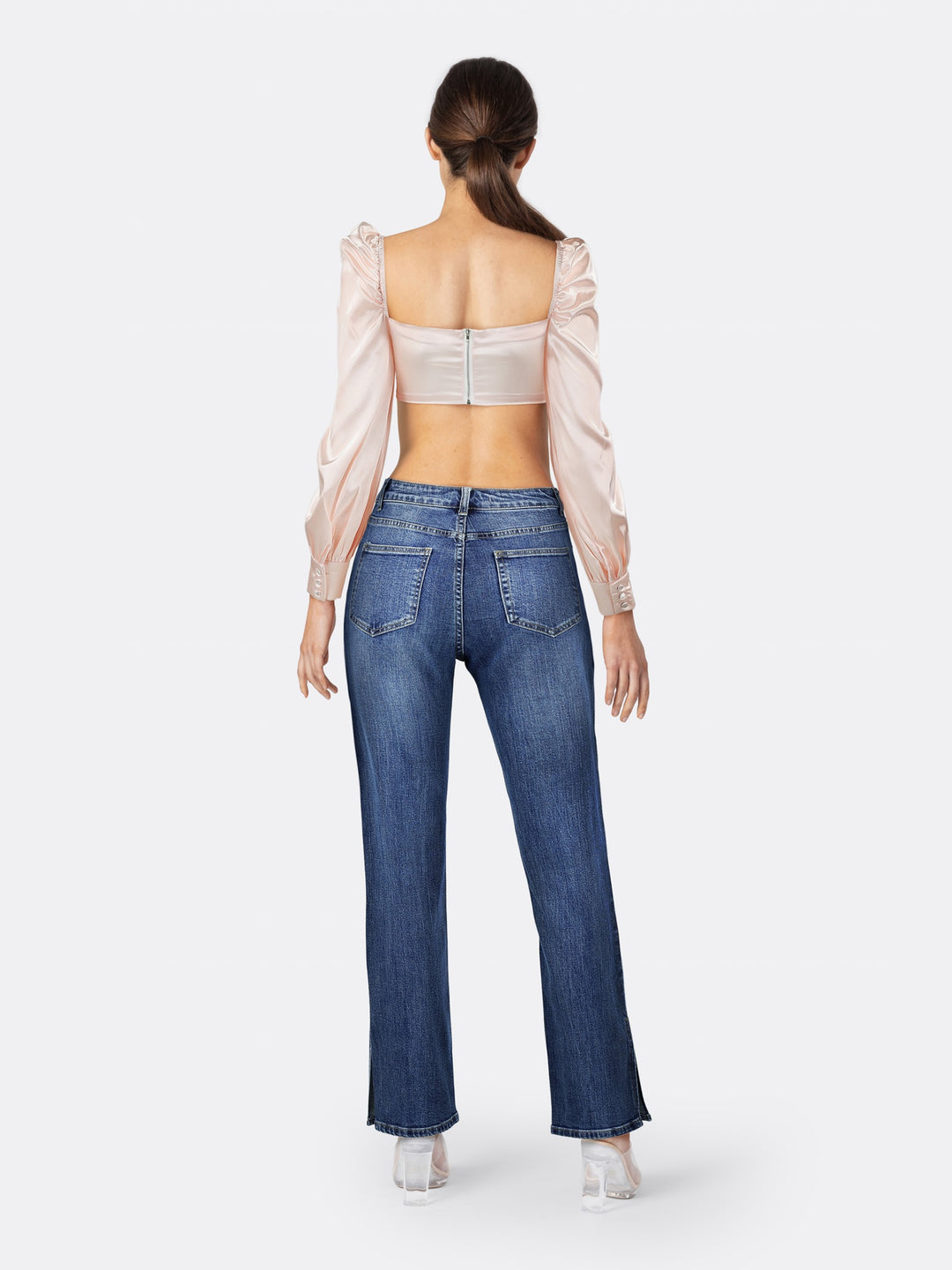 Satin Long Sleeve Crop Top with Buttons Details Pink Back