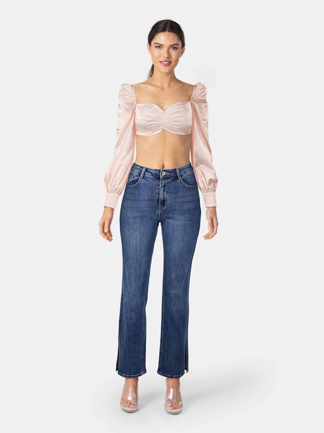 Satin Long Sleeve Crop Top with Buttons Details Pink Front