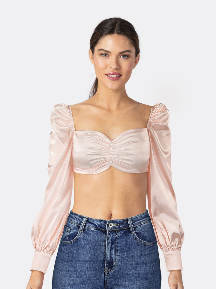 Satin Long Sleeve Crop Top with Buttons Details Pink Front Close
