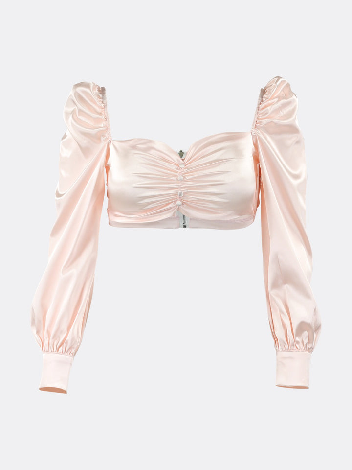 Satin Long Sleeve Crop Top with Buttons Details Pink Ghost