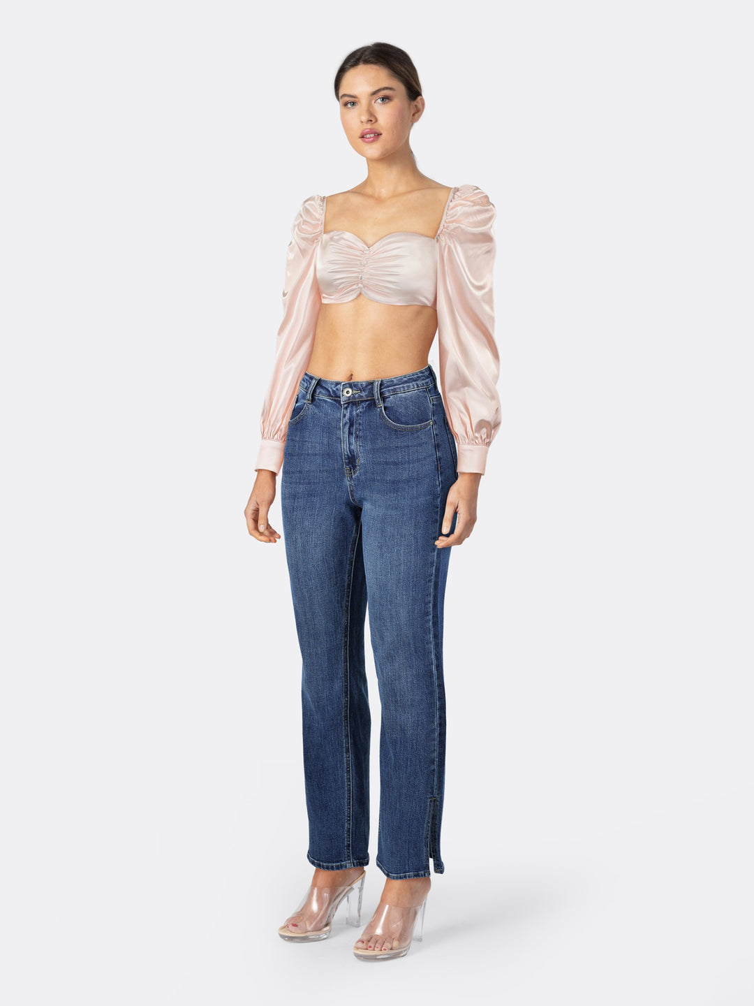 Satin Long Sleeve Crop Top with Buttons Details Pink Side