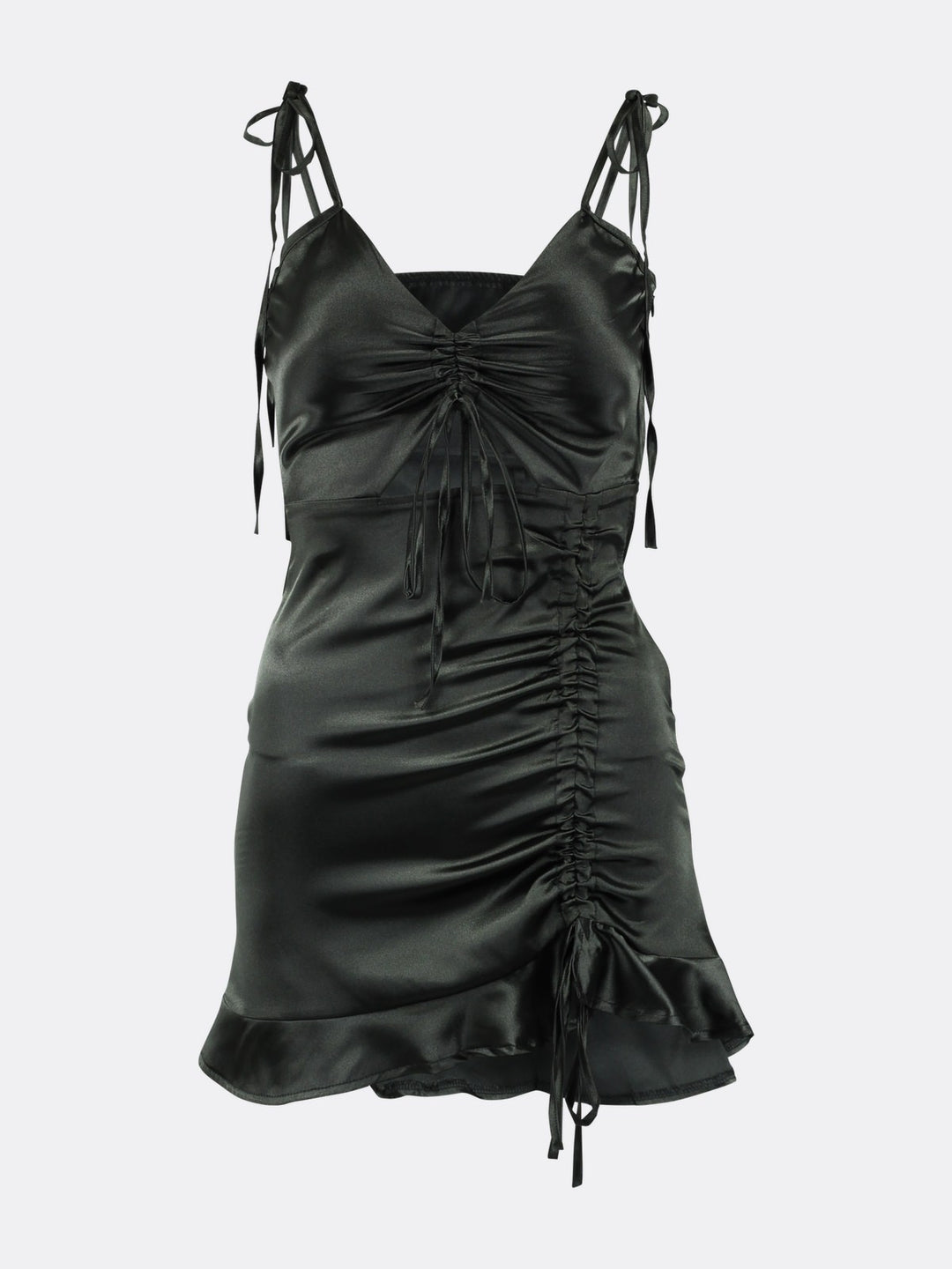 Satin Mini Dress Irregular Solid Color with V-neck and Adjustable Thin Straps Black Ghost