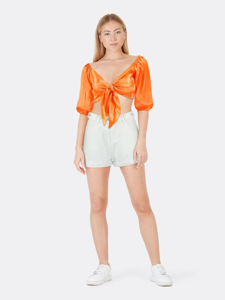 Satin Strapless Medium Sleeve Shirt with Knot Orange Front | Jolovies
