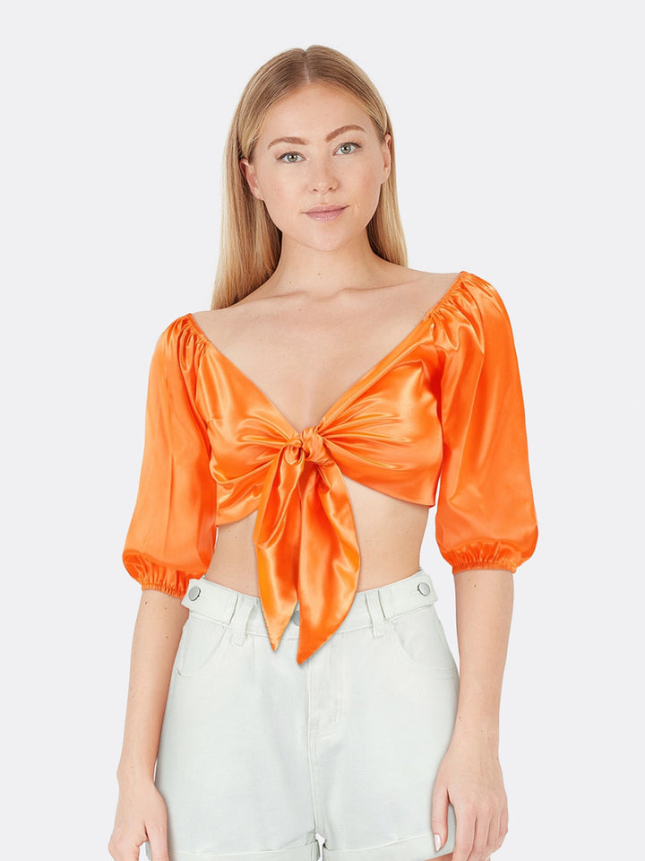 Satin Strapless Medium Sleeve Shirt with Knot Orange Front Close | Jolovies