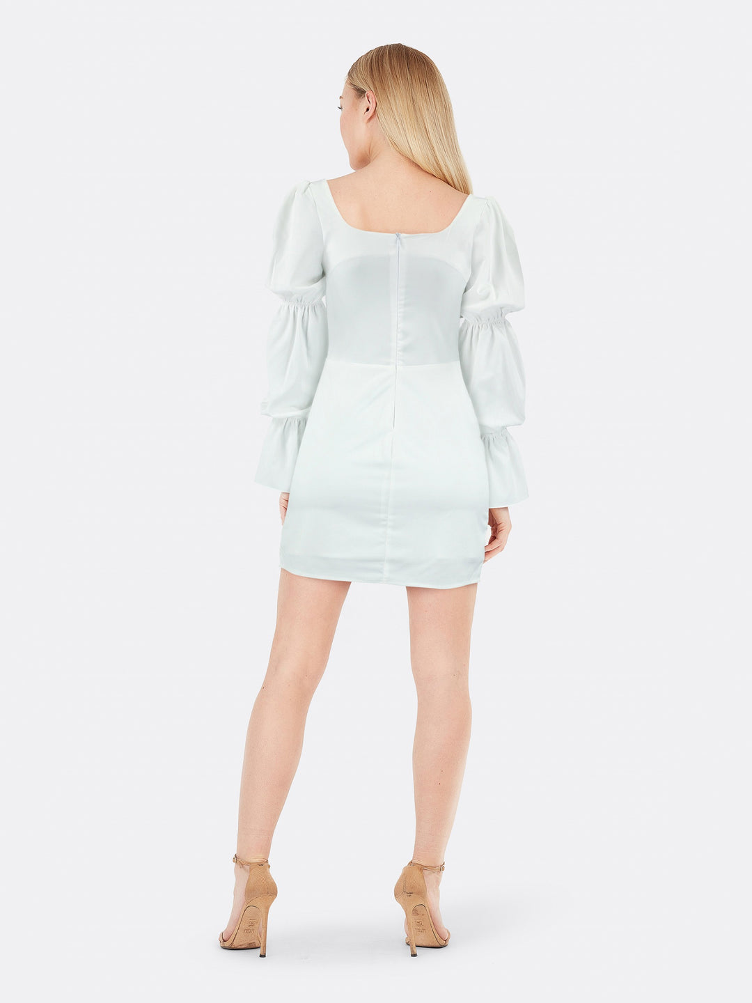 Short Dress with Puff Sleeves and Gathered Neckline White Back