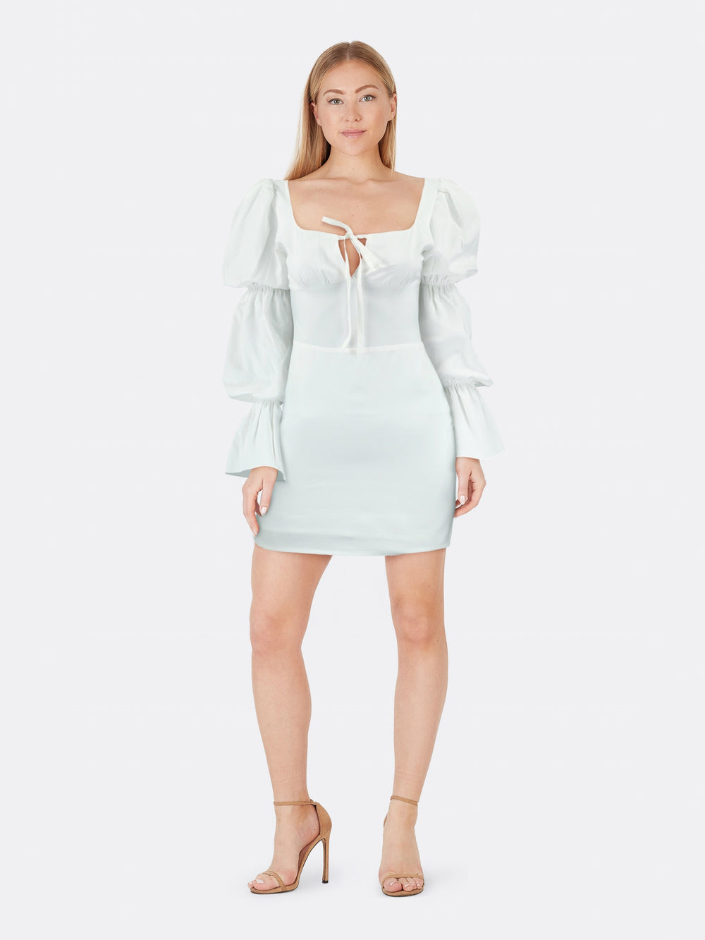 Short Dress with Puff Sleeves and Gathered Neckline White Front