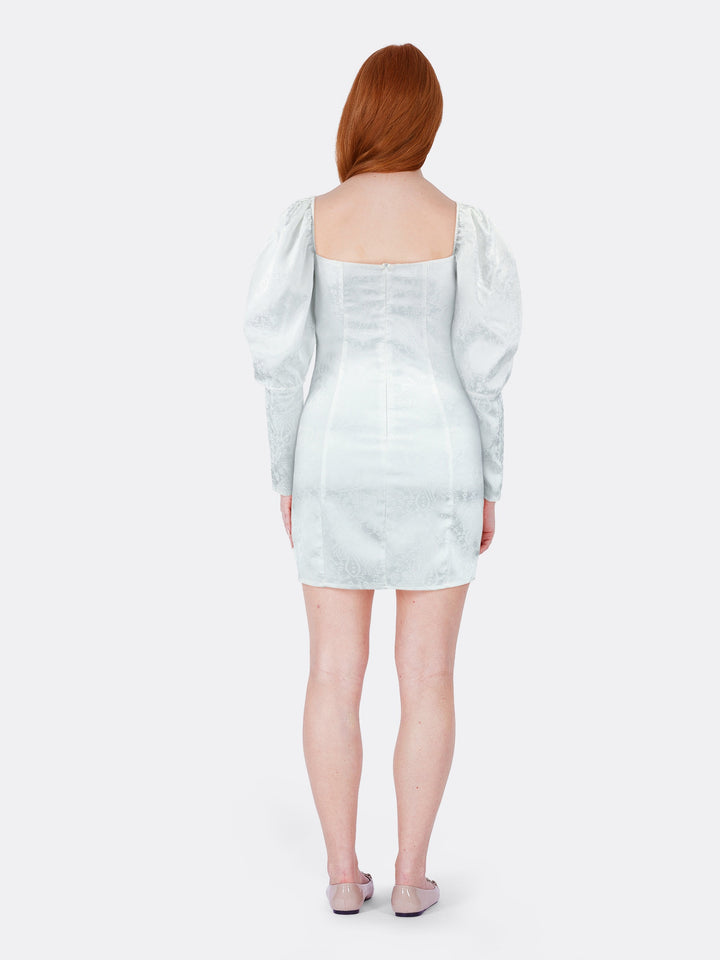 Short Elegant Satin Dress with Gigot Sleeve White Back