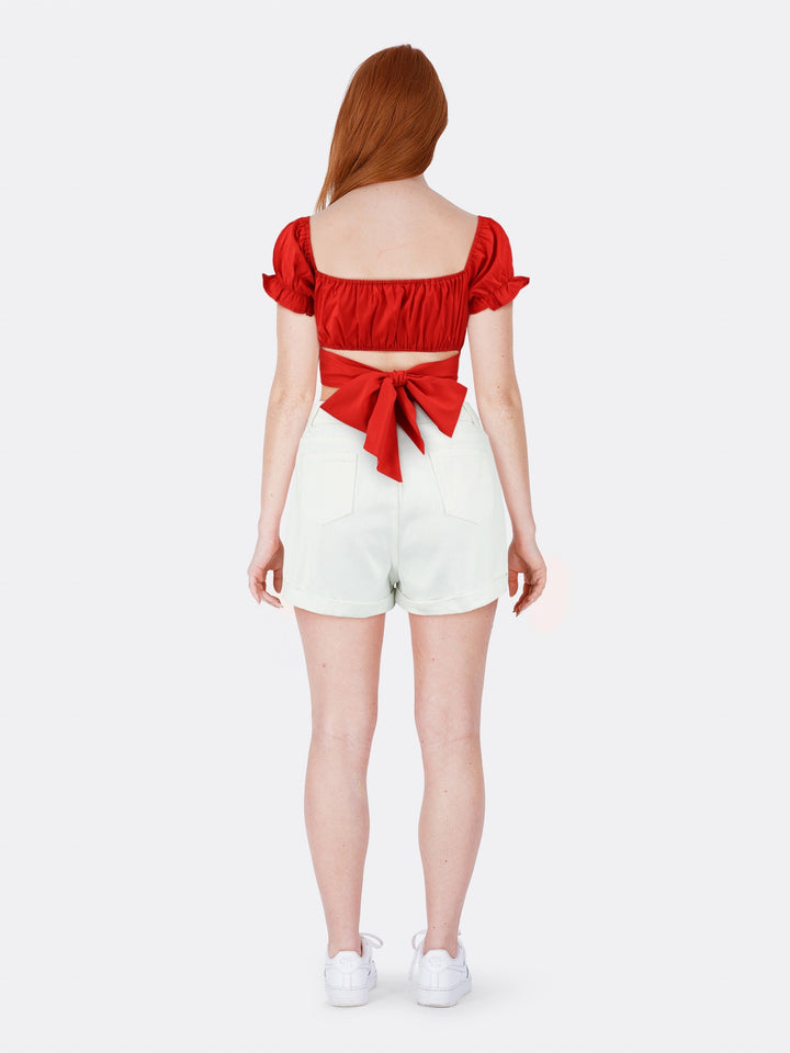 Short Sleeve Crop Top with Backless Tie Red Back