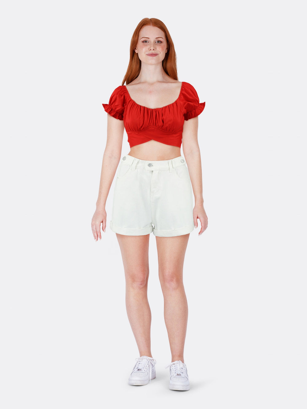 Short Sleeve Crop Top with Backless Tie Red Front