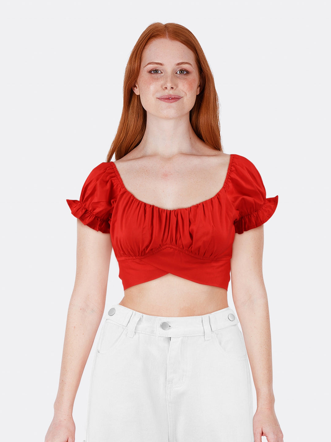 Short Sleeve Crop Top with Backless Tie Red Front Close