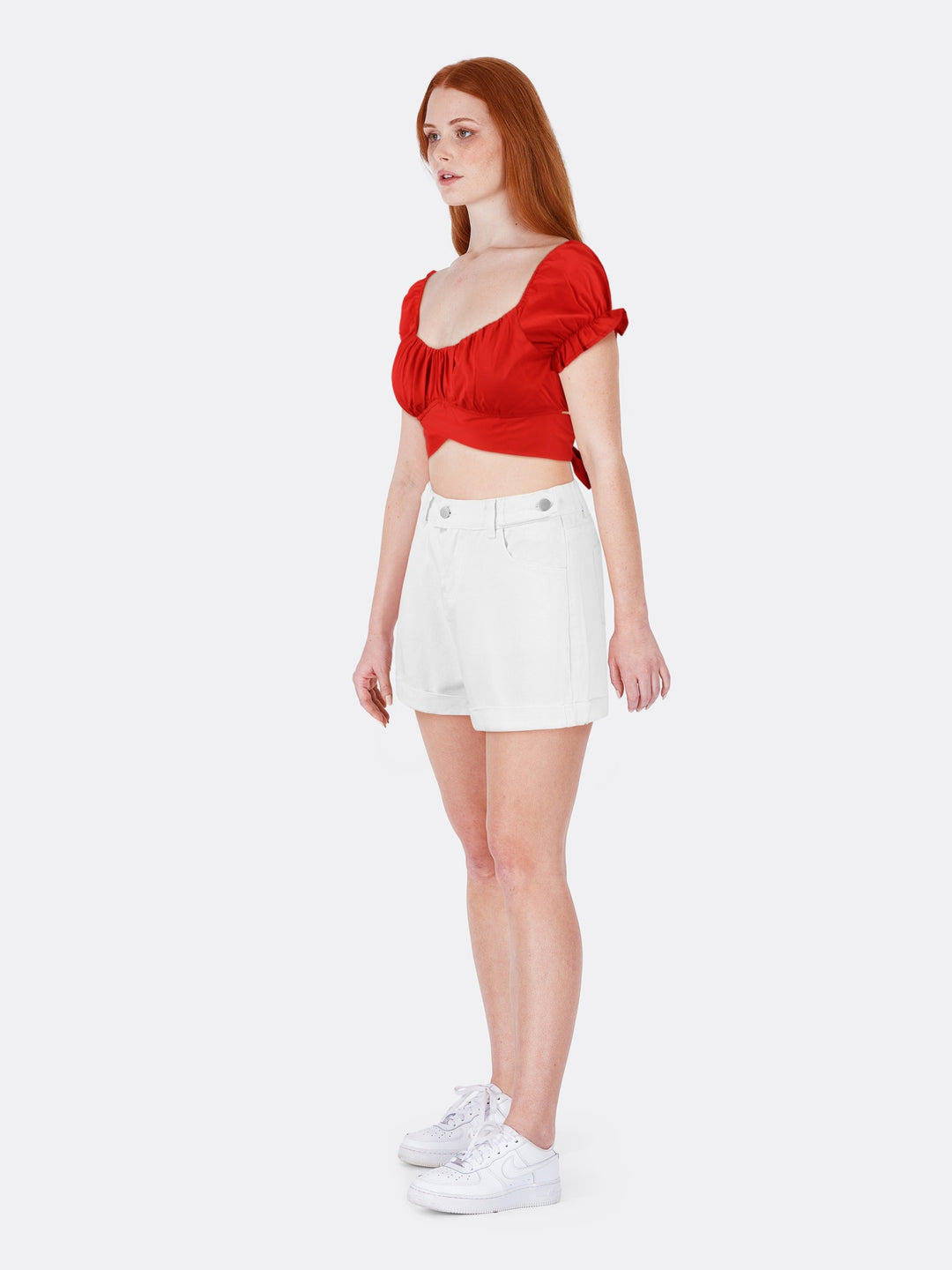 Short Sleeve Crop Top with Backless Tie Red Side
