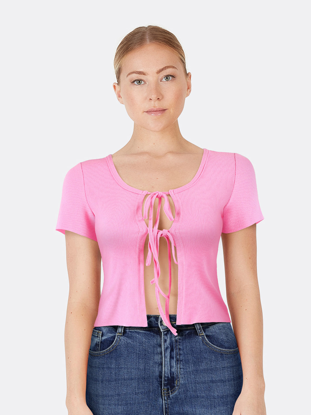 Short-Sleeved Vest Cardigan with Laces Fuchsia Front Close | Jolovies