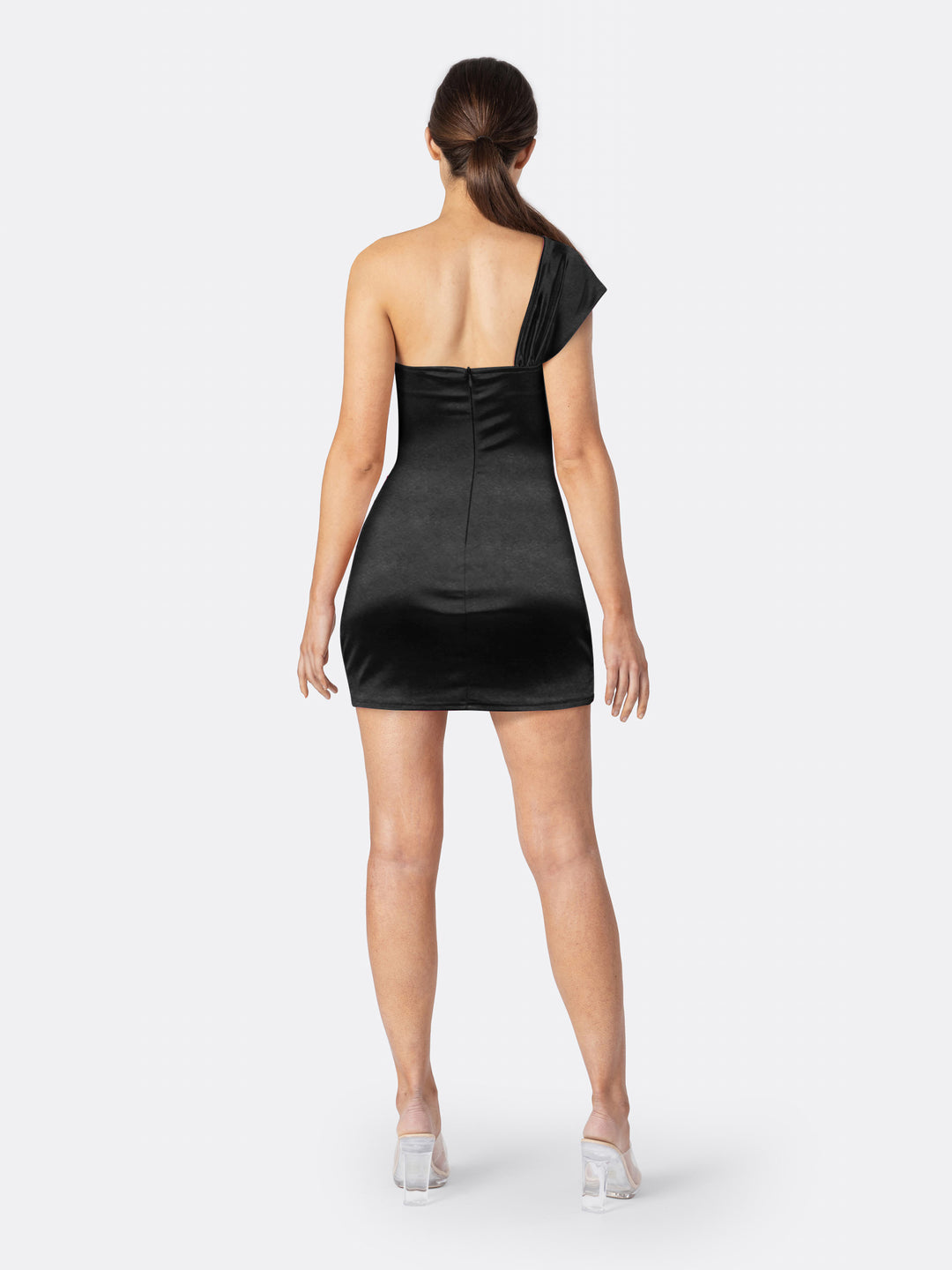 Single Shoulder Mini Dress with Irregular Solid Color Wrapped Chest and High Waist Slim Black Back | Jolovies