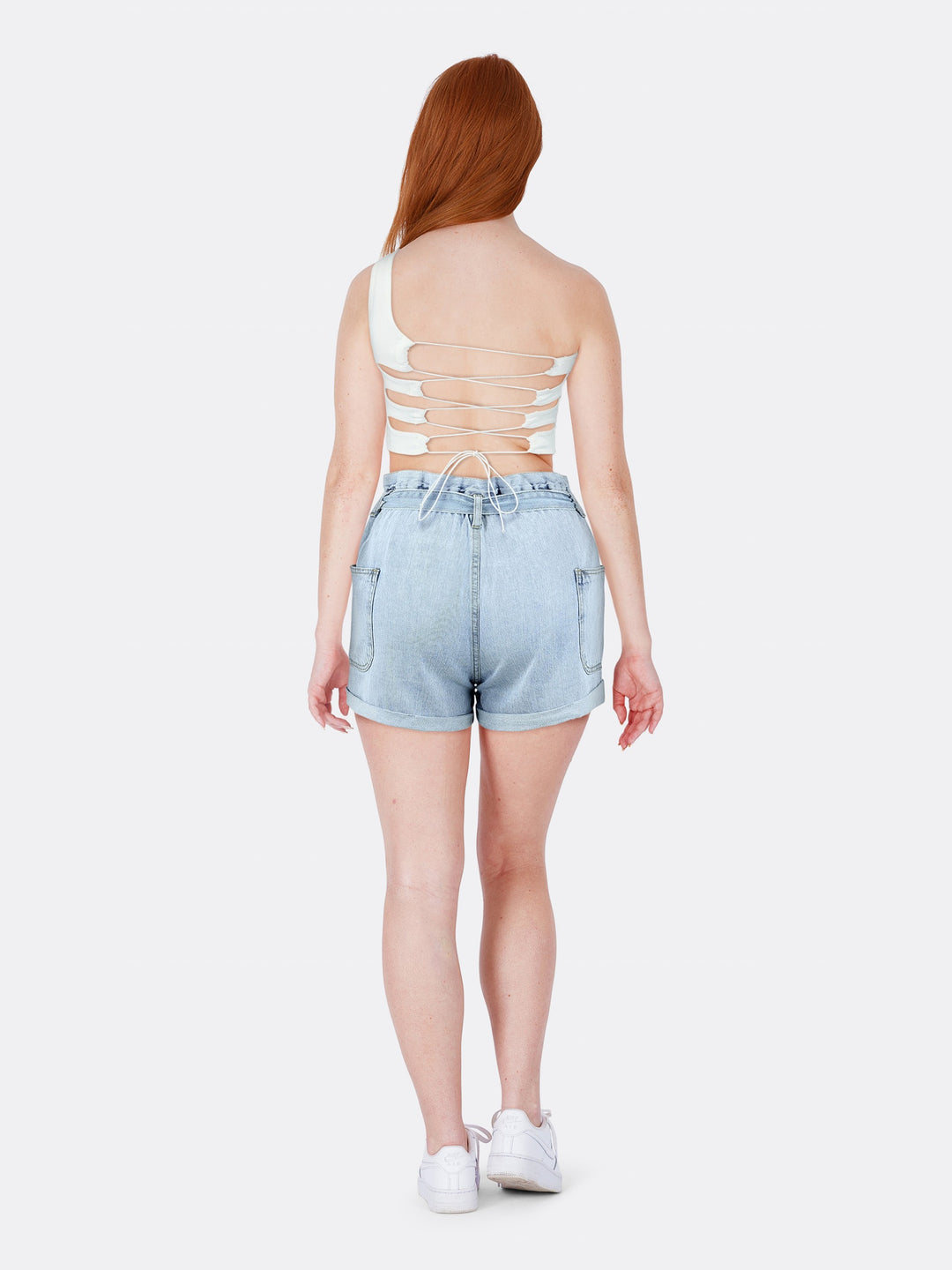 Single Shoulder Top with Criss-Cross Straps at the Back White Back
