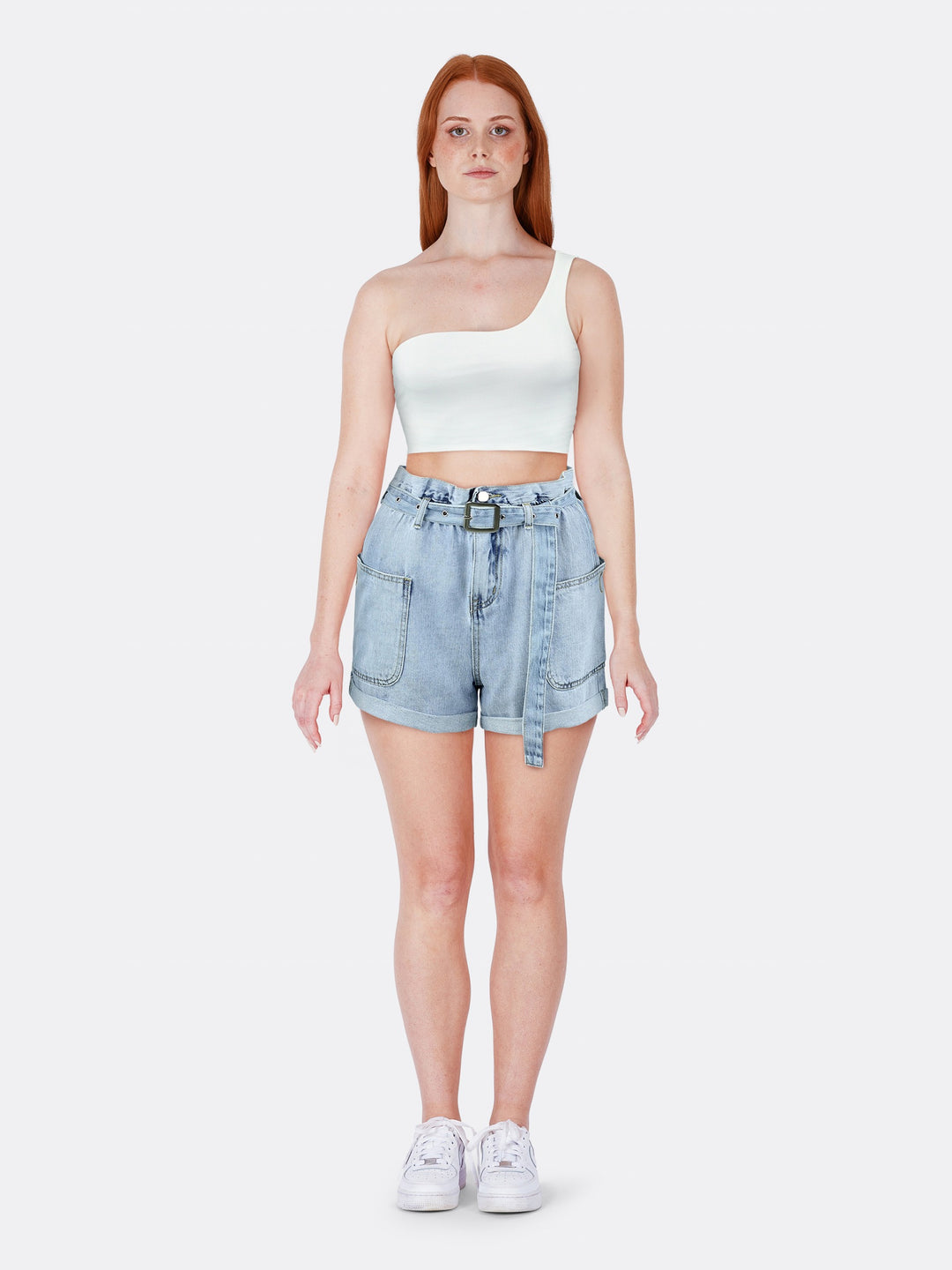 Single Shoulder Top with Criss-Cross Straps at the Back White Front