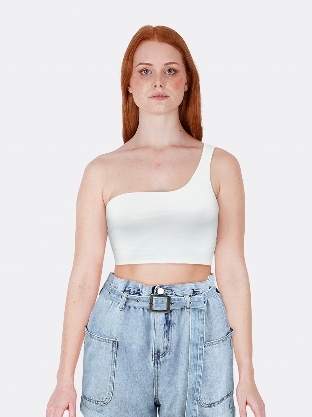 Single Shoulder Top with Criss-Cross Straps at the Back White Front Close